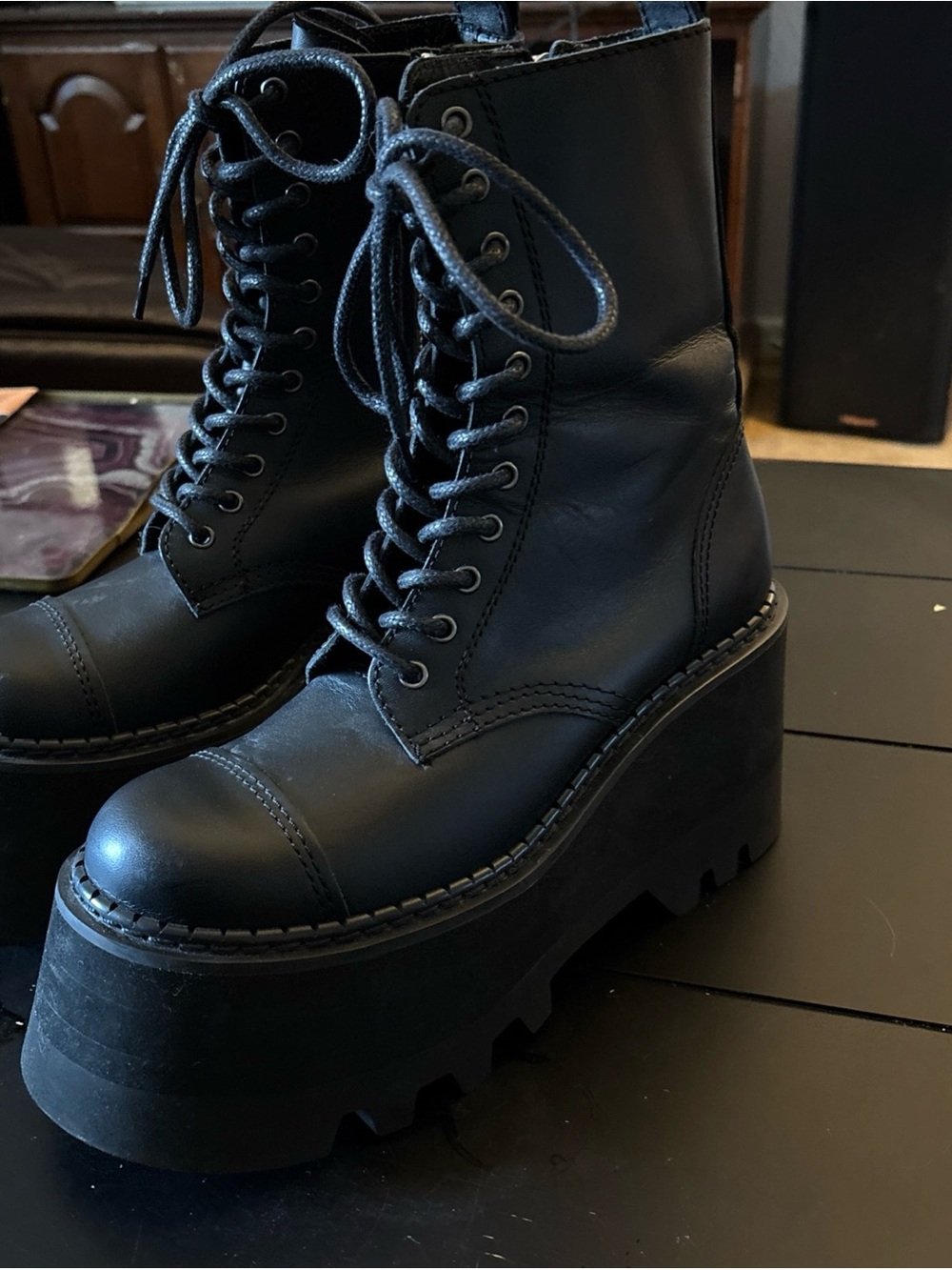 Junya Watanabe Combat Platform Black Leather Lace Up Boots Size 3 US 9 10 - Picture 3 of 9